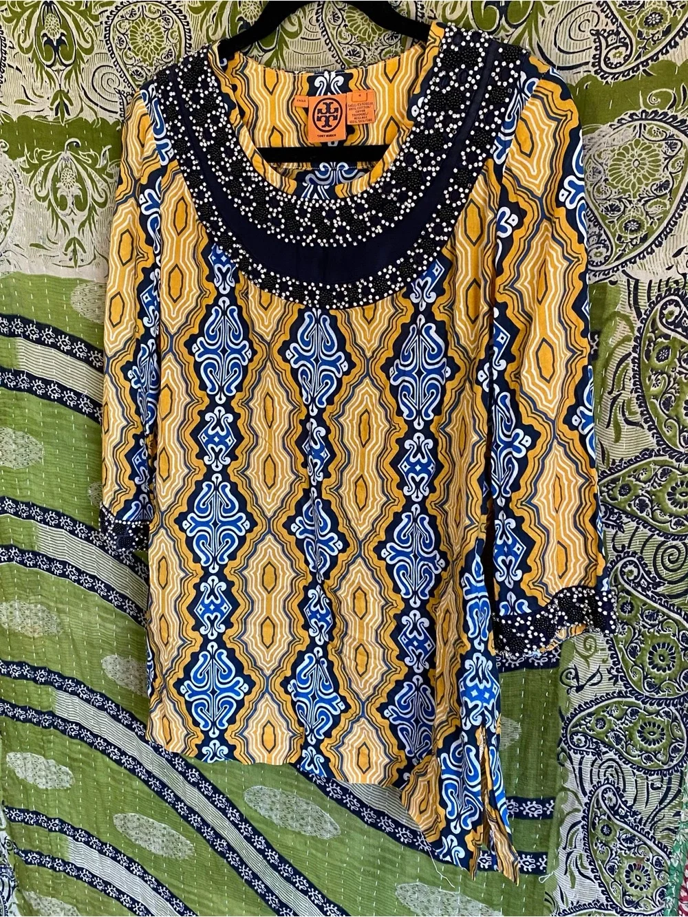 Tory Burch Odie Yellow/ Blue/ White Embellished Tunic Blouse Medium Resort Wear